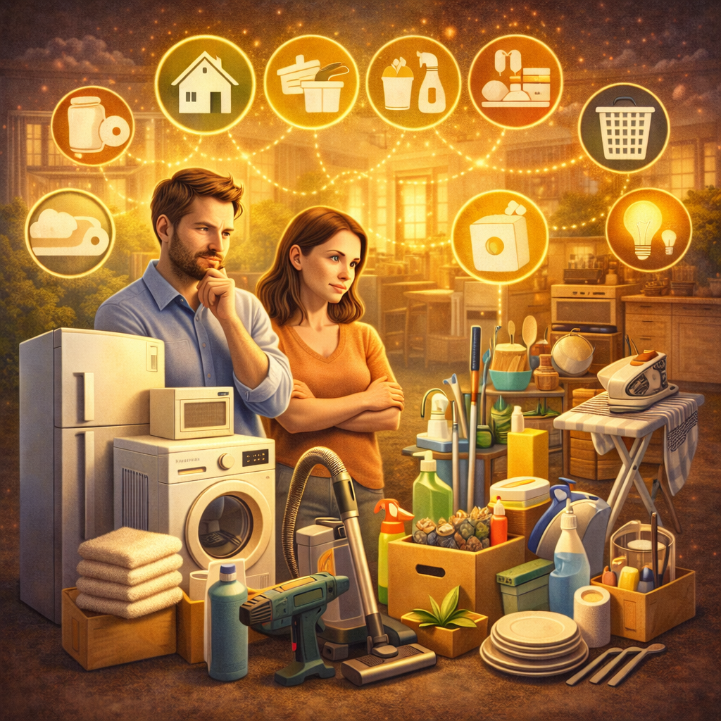 Grundausstattung im Haushalt – wichtige Haushaltsgeräte, Reinigungsmittel und Küchenutensilien übersichtlich dargestellt