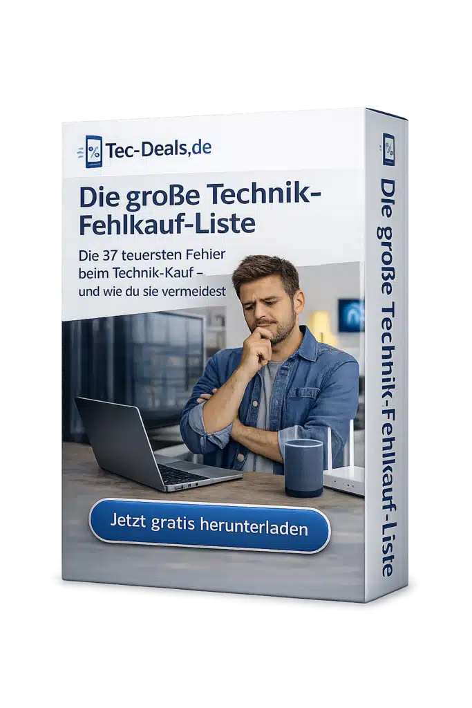 3D-Buchcover des kostenlosen Freebies „Die große Technik-Fehlkauf-Liste“ mit nachdenklichem Mann vor Laptop und Technikgeräten