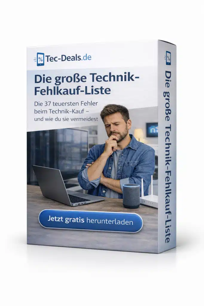 3D-Buchcover des kostenlosen Freebies „Die große Technik-Fehlkauf-Liste“ mit nachdenklichem Mann, Laptop und Smart-Home-Geräten