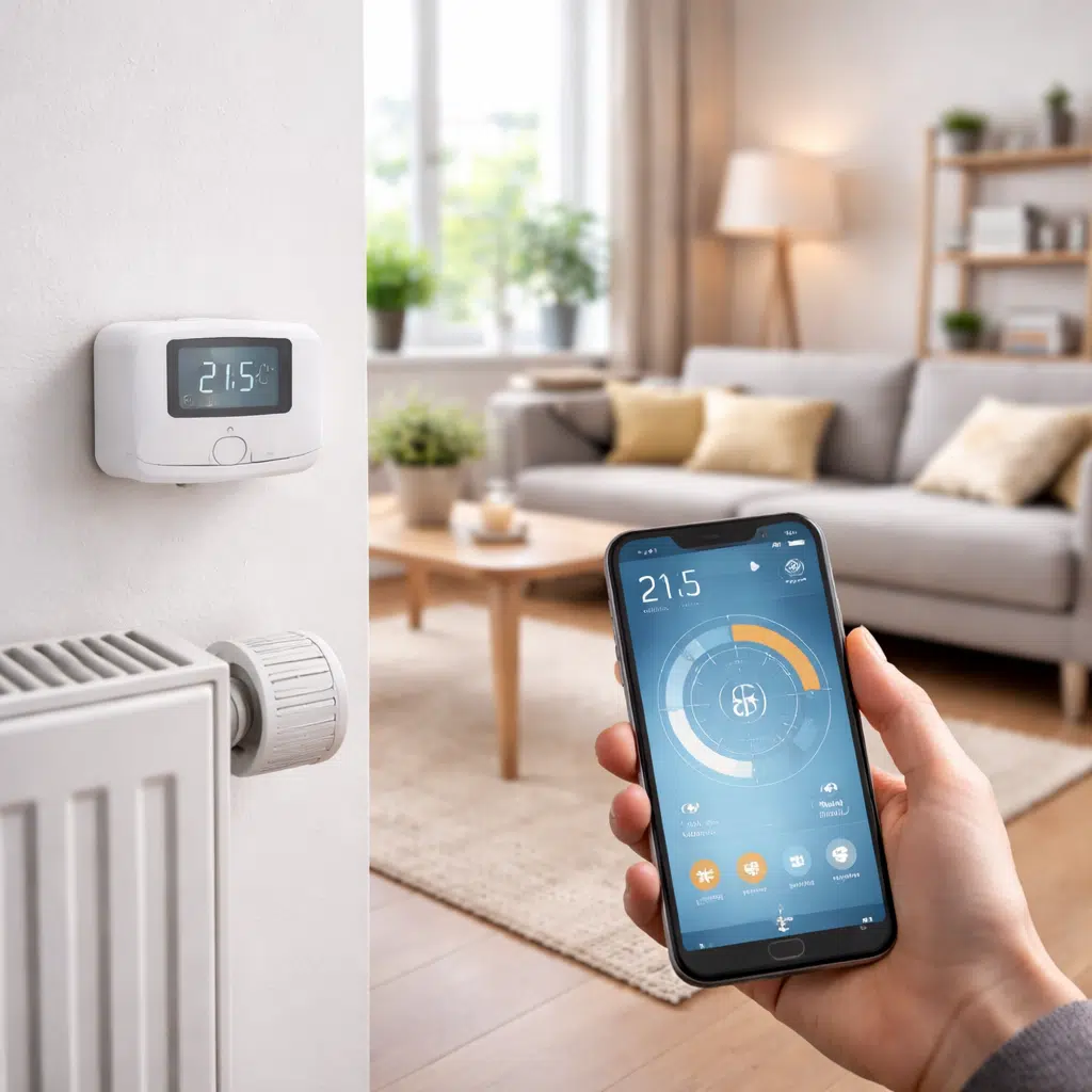 Smart Home im Alltag mit Heizkörper, digitalem Thermostat und Smartphone-App zur Heizungssteuerung in einer modernen Wohnung