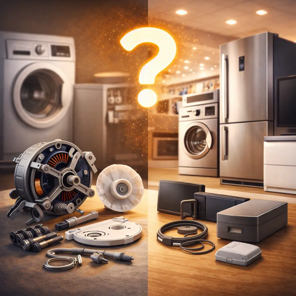 Vergleich zwischen Ersatzteilen und Neukauf bei Haushaltsgeräten – defekte Bauteile gegenüber neuen Geräten in realistischer Alltagsszene