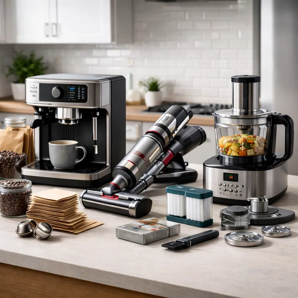 Haushaltsgeräte mit passendem Zubehör auf Küchenarbeitsplatte, Kaffeemaschine, Staubsauger und Küchenmaschine sinnvoll kombiniert. Geräte & Zubehör Kaufberater