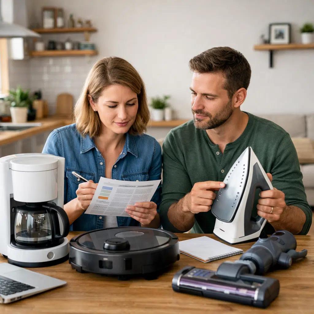 Paar vergleicht Haushaltstechnik im Alltag und trifft bewusste Kaufentscheidung für Haushaltsgeräte