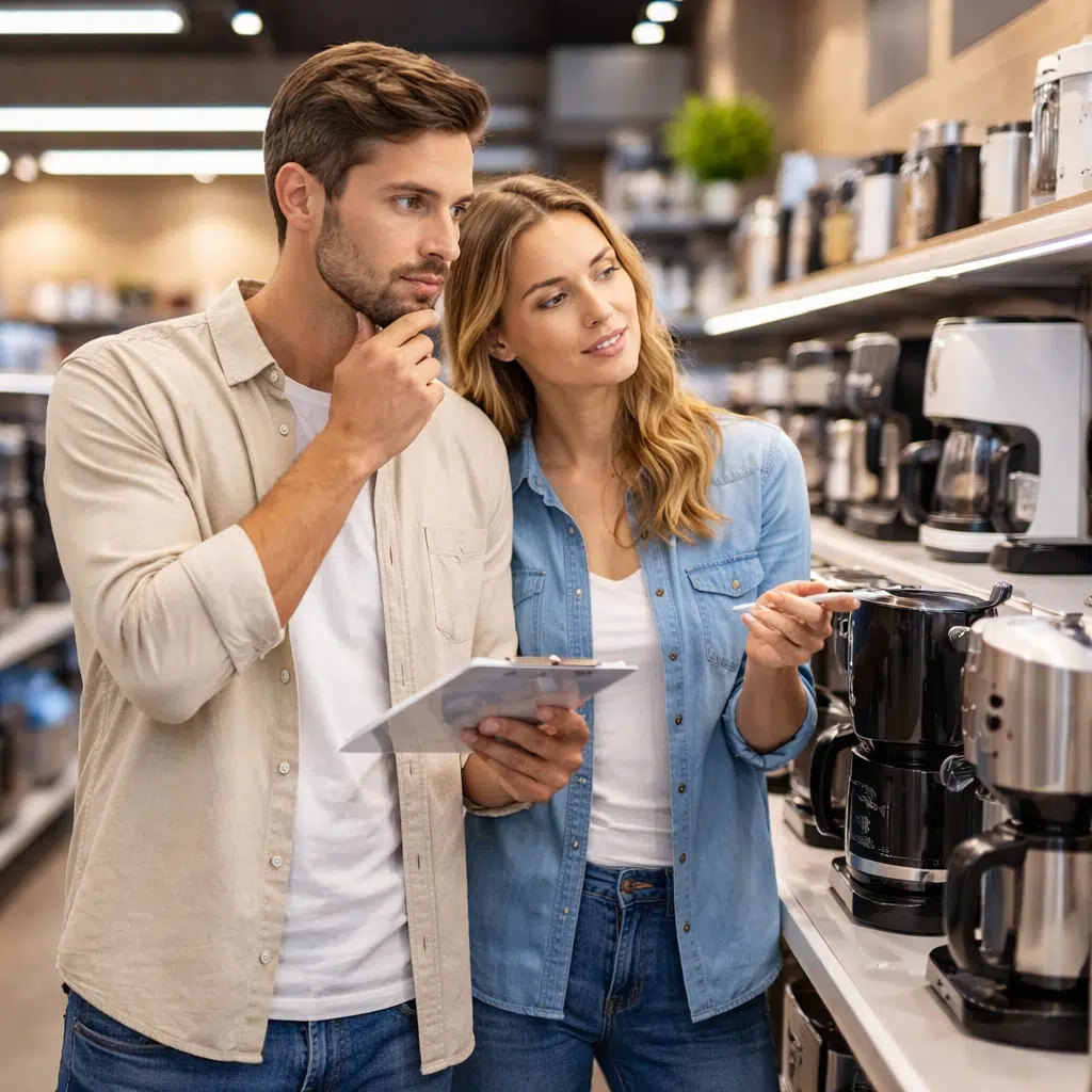 Paar vergleicht Haushaltsgeräte im Fachgeschäft und trifft eine bewusste Kaufentscheidung für Küchentechnik