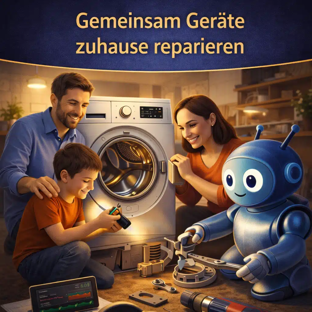Eine Familie – Vater, Mutter und Kind – repariert gemeinsam eine Waschmaschine zu Hause. Ein freundlicher Roboter hilft mit Werkzeugen. Das Bild symbolisiert Gemeinschaft, Selbsthilfe und die Freude, Haushaltsgeräte gemeinsam zu reparieren. Im Vordergrund liegt ein Tablet mit Diagnose-Daten. Der Text „Gemeinsam Geräte zuhause reparieren“ betont den DIY-Gedanken.Haushaltsgeräte reparieren, DIY Reparatur, Waschmaschine reparieren, Familie repariert gemeinsam, Selbsthilfe Haushalt, Geld sparen durch Reparatur, Roboter hilft reparieren, Anleitung Gerätereparatur, Gemeinschaftsprojekte, Reparatur für Rentner, Selfpublishing Ratgeber