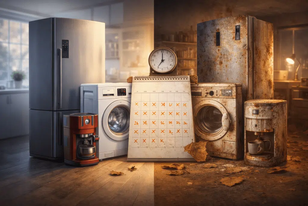 Vergleich zwischen neuen und alten Haushaltsgeräten mit Kalender als Symbol für Lebensdauer, Reparieren oder Ersetzen von Technik