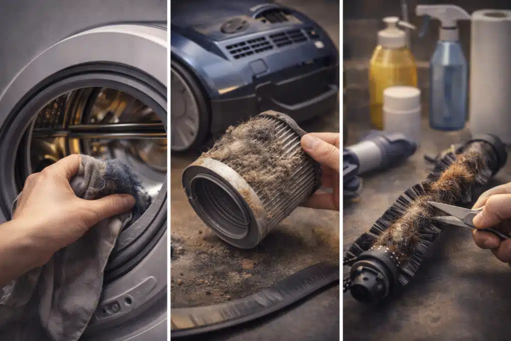 Drei Bilder zeigen die Wartung von Haushaltsgeräten: Links wird die Dichtungsgummi einer Waschmaschine gereinigt, in der Mitte hält jemand einen verschmutzten Staubfilter eines Staubsaugers, und rechts wird eine verstopfte Staubsaugerbürste mit einer Schere von Haaren und Schmutz befreit. Die Bilder thematisieren die Bedeutung von regelmäßiger Reinigung und Pflege von Haushaltsgeräten.