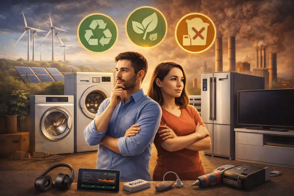 Ein Mann und eine Frau stehen nachdenklich vor modernen Haushaltsgeräten wie Waschmaschine, Kühlschrank und Fernseher. Im Hintergrund symbolisieren Windräder, Solarpaneele und Recycling-Symbole den Konflikt zwischen Energieverbrauch und Nachhaltigkeit. Das Bild thematisiert umweltbewusstes Handeln und die Zukunft der Energieeffizienz.