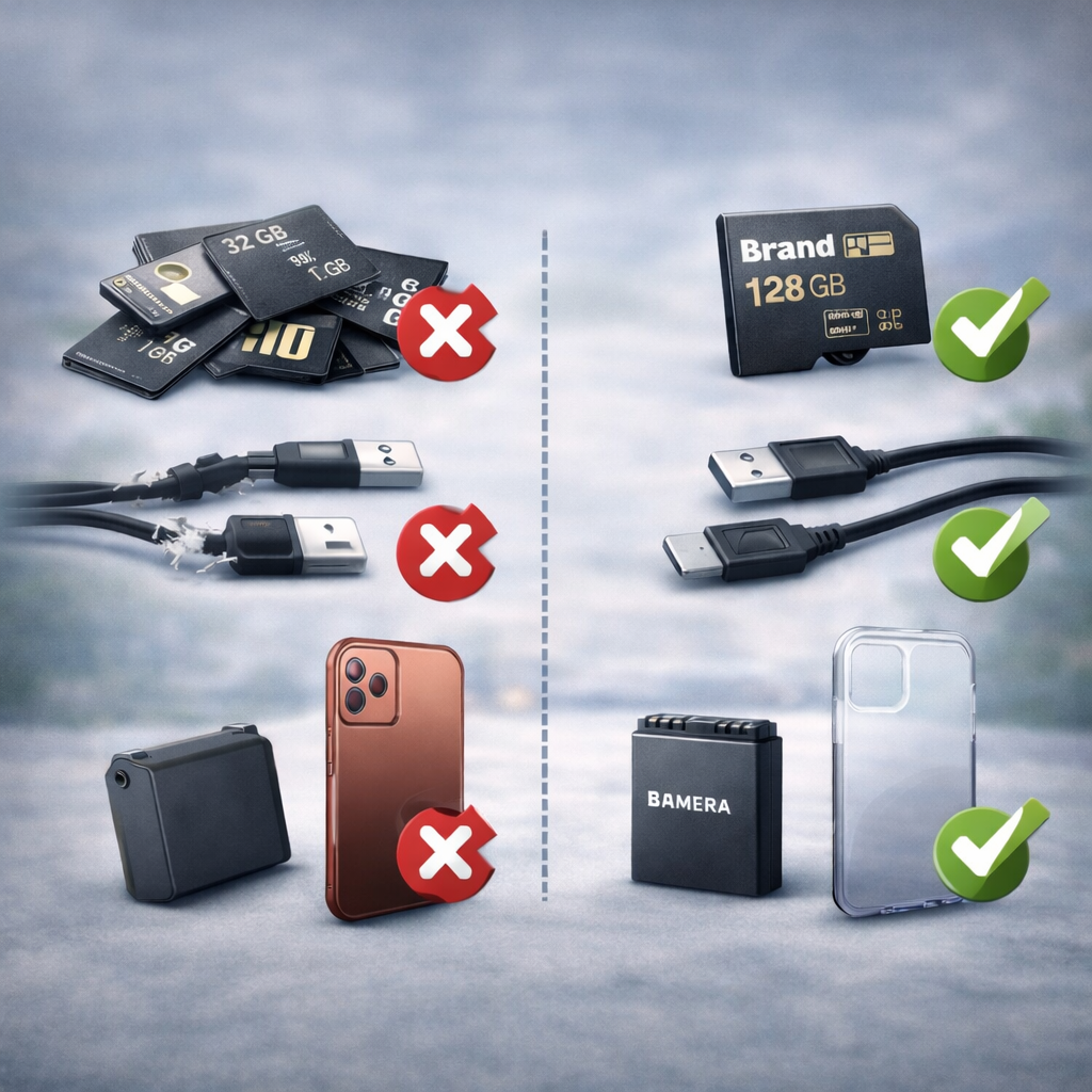 Typische Zubehör-Fehlkäufe beim Technikkauf im Vergleich – minderwertiges Zubehör mit Warnsymbolen gegenüber passenden Qualitätsprodukten