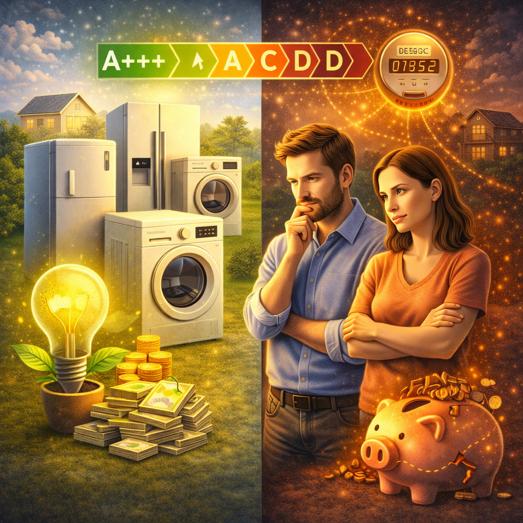 Energieeffizienz bei Haushaltsgeräten – Vergleich effizienter und ineffizienter Geräte mit Fokus auf Stromverbrauch und Kosten