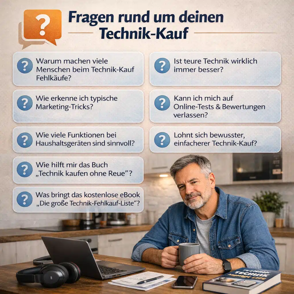 FAQ-Grafik mit häufigen Fragen rund um den Technik-Kauf, Fehlkäufe, Marketing-Tricks, Bewertungen und bewusste Kaufentscheidungen