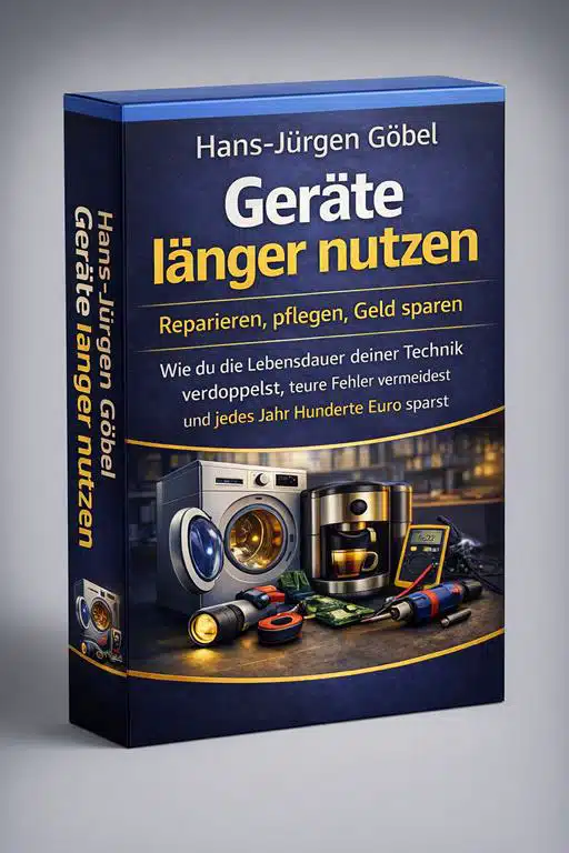 3D-Box des Buches „Geräte länger nutzen – Reparieren, pflegen, Geld sparen“ von Hans-Jürgen Göbel mit Haushaltsgeräten und Werkzeugen