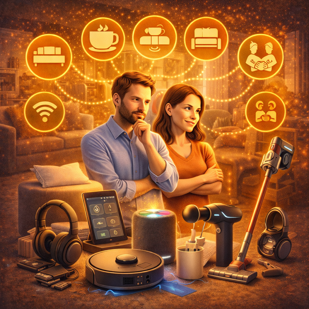 Komfort-Zubehör im Haushalt – praktische Technik wie Saugroboter, smarte Lautsprecher und kabellose Geräte für mehr Alltagserleichterung