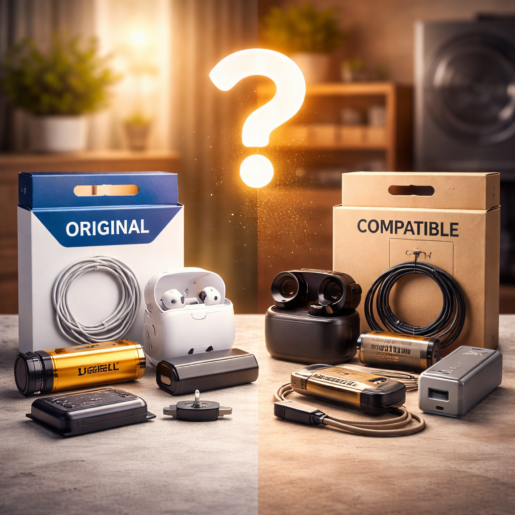 Vergleich von Original-Zubehör und kompatiblem Zubehör für Haushalts- und Technikgeräte in realistischer Alltagsszene