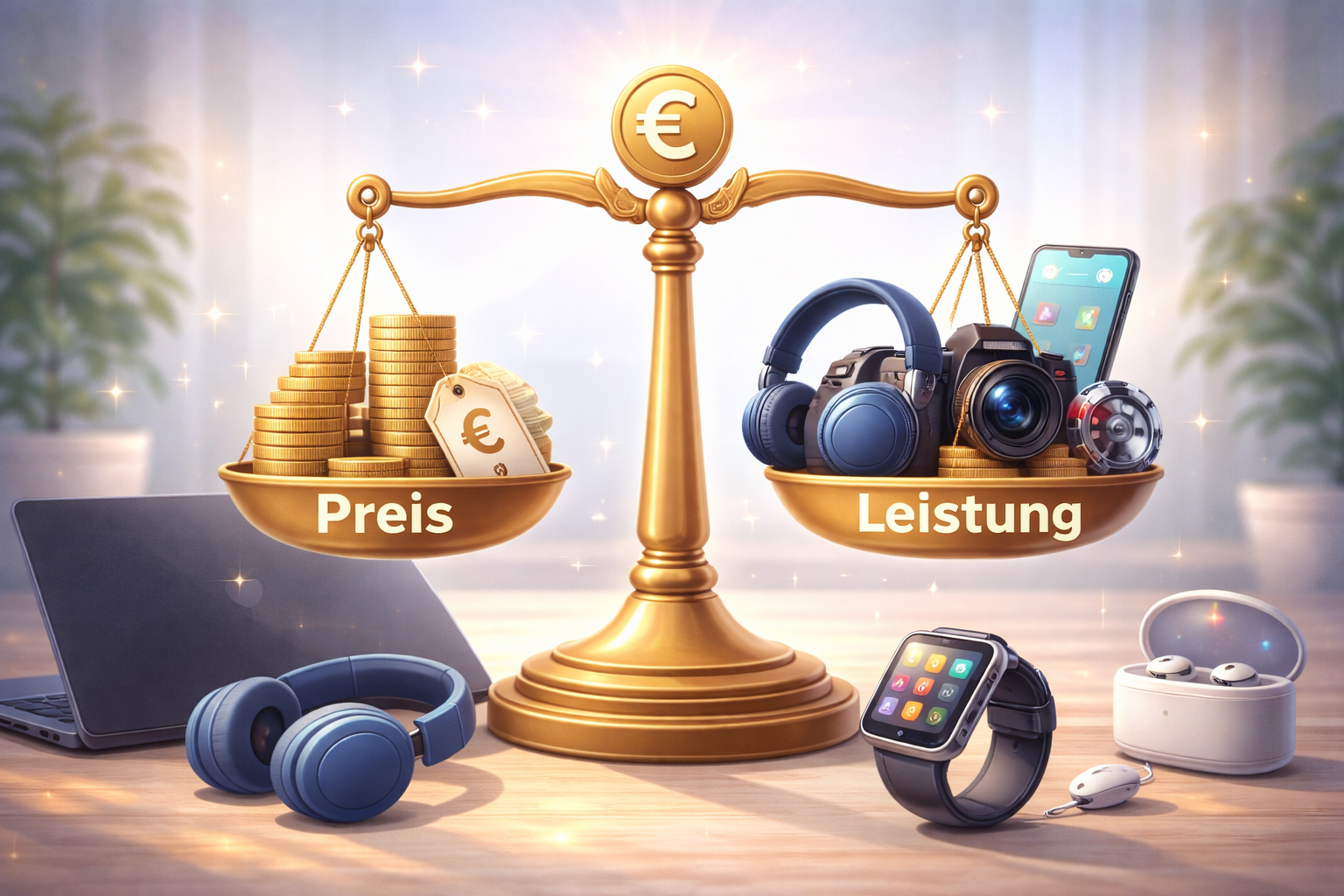 Preis-Leistungs-Verhältnis bei Technik – Waage zeigt ausgewogenen Vergleich zwischen Preis und Leistung von Technikgeräten