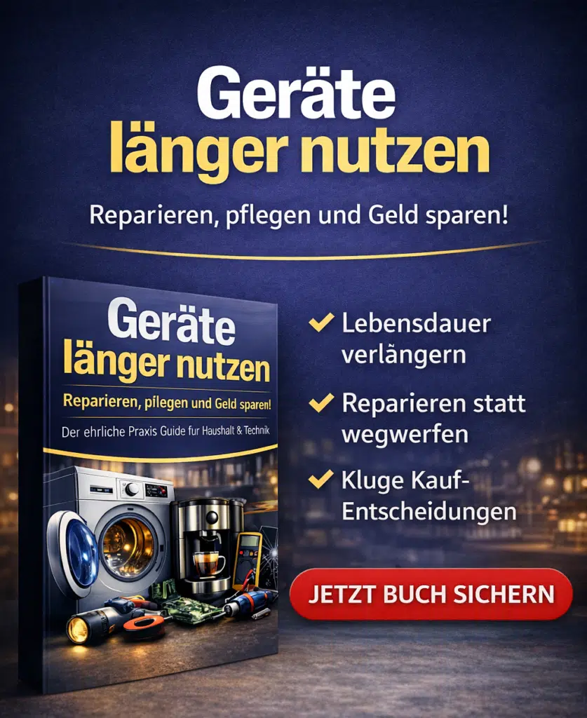 Buchcover 'Geräte länger nutzen' – Der ehrliche Praxis-Guide für Haushalt & Technik: Reparieren, pflegen und Geld sparen. Mit Waschmaschine, Kaffeemaschine und Werkzeug als Symbolbild. Smart-Home-Kaufberater eBook