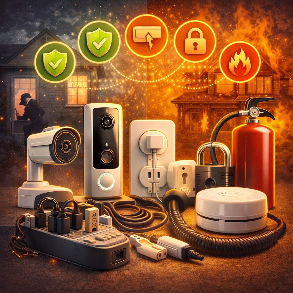 Sicherheits- und Schutz-Zubehör im Haushalt – Rauchmelder, Überspannungsschutz, Sicherheitskamera und Feuerlöscher zum Schutz von Technik und Zuhause