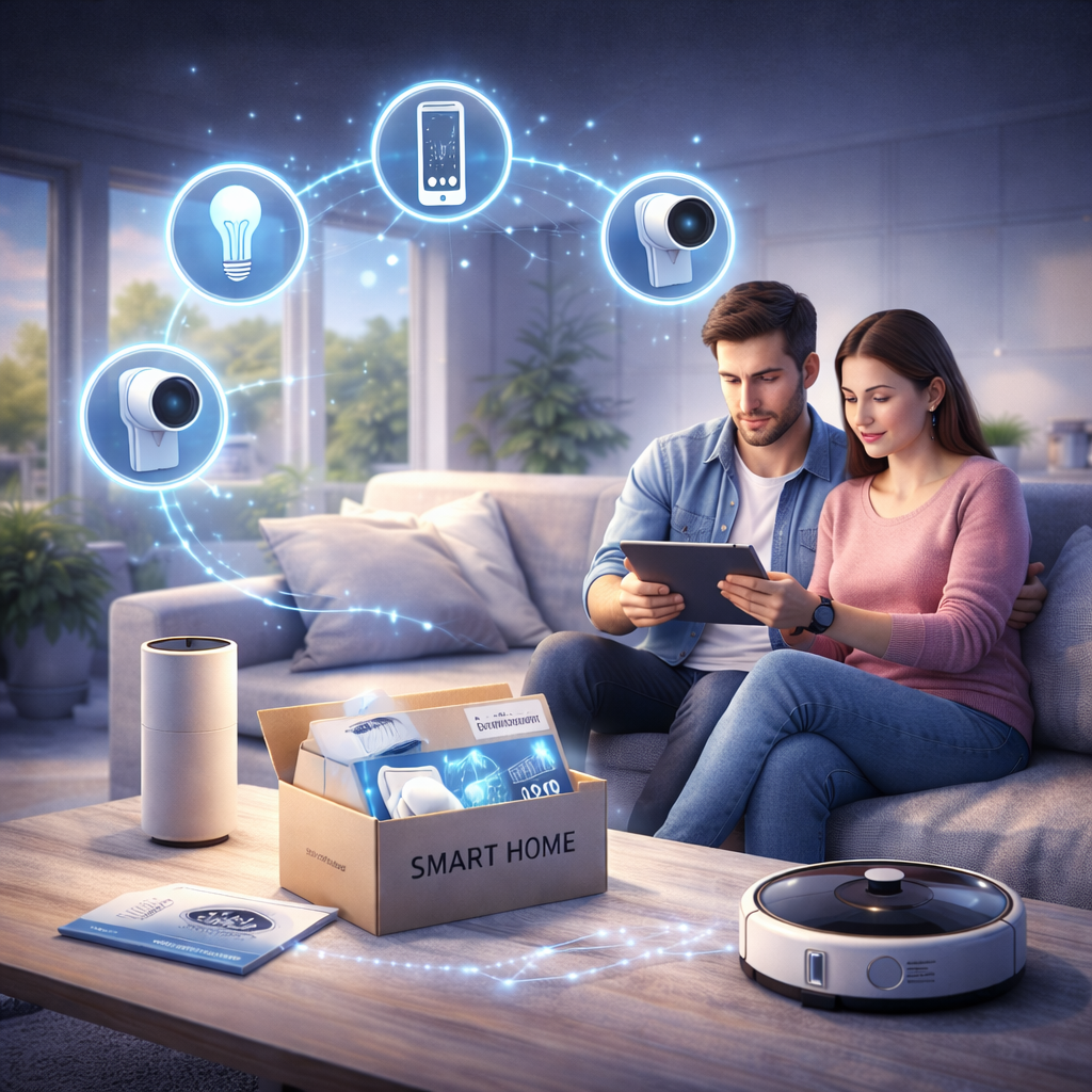 Smart Home für Einsteiger – Paar richtet ein einfaches und übersichtliches Smart-Home-System mit grundlegenden Geräten ein