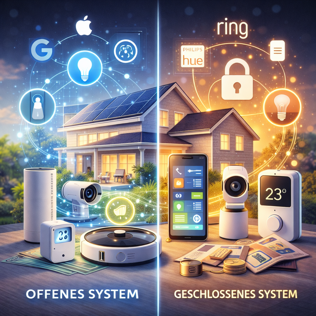 Vergleich von Smart-Home-Systemen – offenes und geschlossenes System mit vernetzten Geräten in einem modernen Zuhause