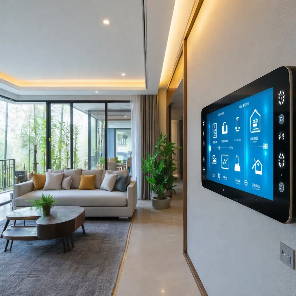 Smart-Home-Kaufberater: Smart Home Wohnzimmer mit vernetzter Technik, Tablet zur Steuerung von Licht, Heizung und Sicherheitssystemen