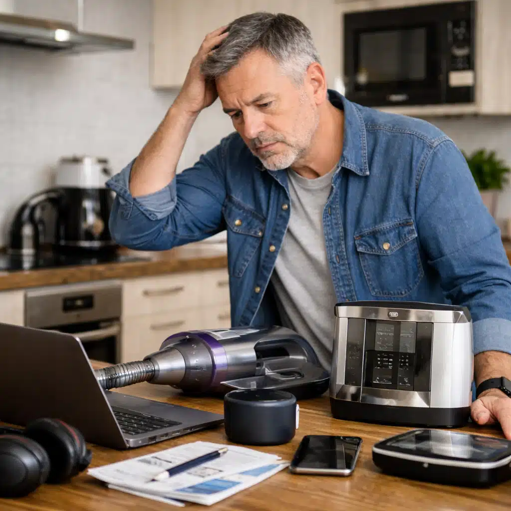 Überforderter Mann steht vor mehreren Haushaltsgeräten wie Staubsauger, Kaffeemaschine und Laptop und ringt mit einer Technik-Kaufentscheidung