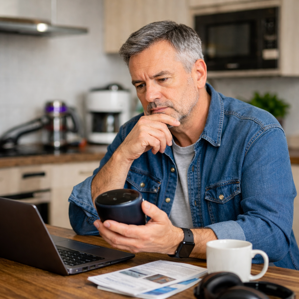 Mann prüft kritisch ein Smart-Home-Gerät im Haushalt vor dem Kauf, um Technik-Fehlkäufe zu vermeiden