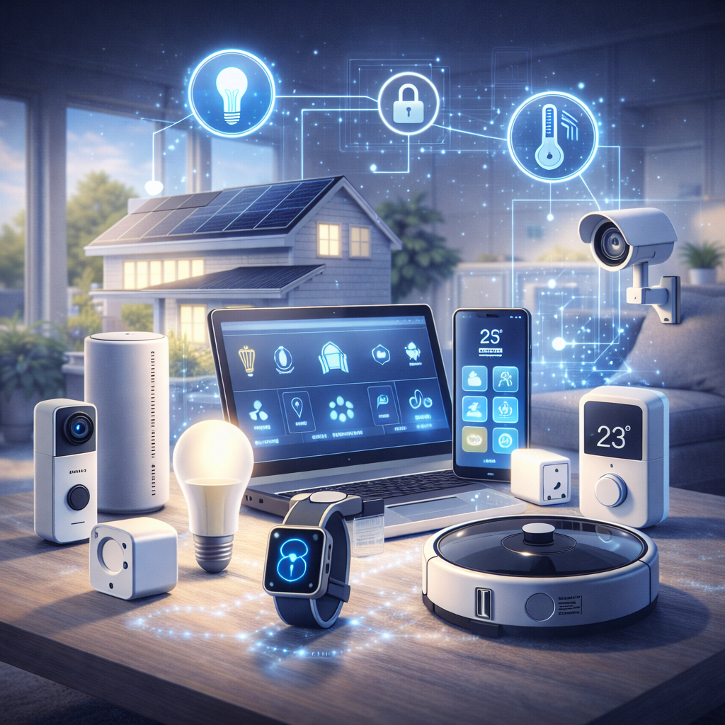 Übersicht sinnvoller Smart-Home-Geräte wie Beleuchtung, Thermostat, Sicherheitskamera und Steckdosen in einem vernetzten Zuhause