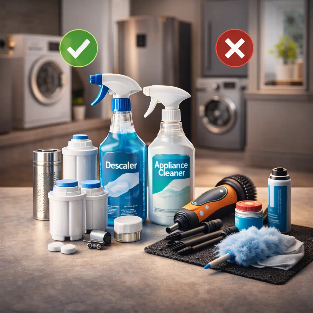 Zubehör zur Verlängerung der Lebensdauer von Haushaltsgeräten wie Entkalker, Reinigungsmittel, Filter und Wartungszubehör in realistischer Küchenszene