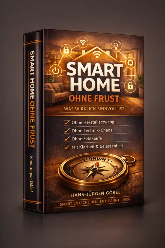 3D Buchcover Smart Home ohne Frust von Hans-Jürgen Göbel mit Symbolen für WLAN, Sicherheit und vernetztes Wohnen