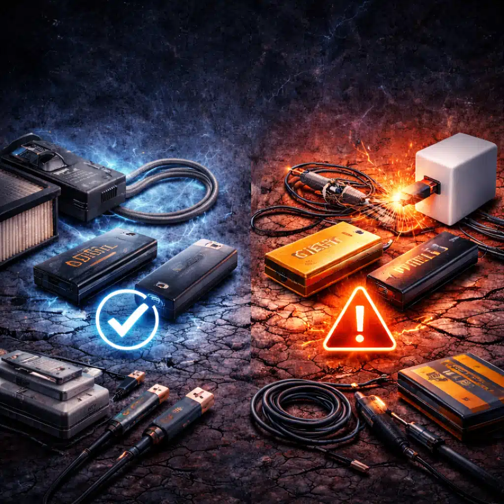 Vergleichsbild von Original- und kompatiblem Zubehör mit Akkus, Netzteil und Kabeln, links mit Sicherheits-Check, rechts mit Warnsymbol und Funkenbildung.