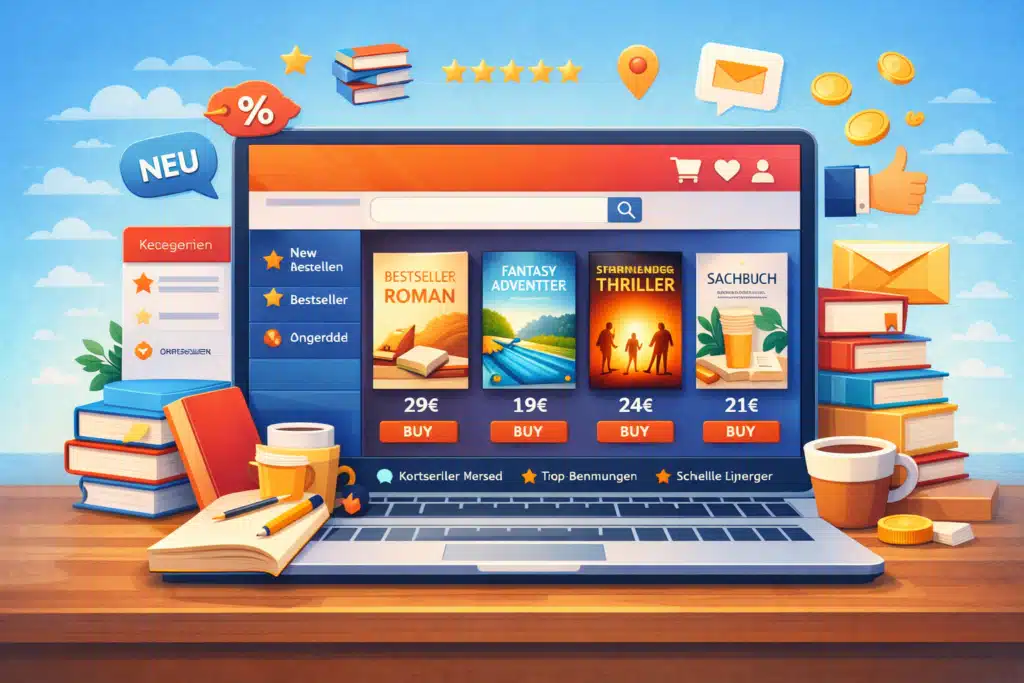2D Illustration eines modernen Online Buch Shops auf einem Laptop mit Buchstapeln, Notizbuch und Kaffee auf einem Schreibtisch – Symbol für digitalen Bücherverkauf und E-Commerce.