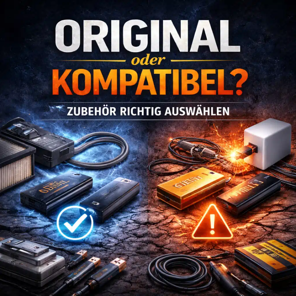 2D-Grafik mit Vergleich zwischen Original- und kompatiblem Zubehör: Akkus, Netzteil und Kabel mit Sicherheits-Check und Warnsymbol zum Thema Fehlkäufe vermeiden. Original oder kompatibel? Zubehör richtig auswählen – so vermeidest du teure Fehlkäufe