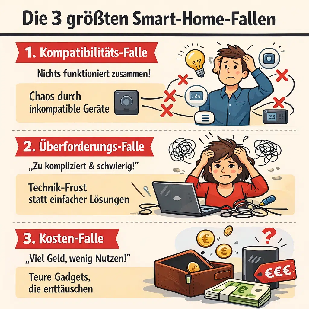 Infografik zeigt die drei größten Smart-Home-Fallen: inkompatible Geräte, technische Überforderung und hohe Kosten mit wenig Nutzen Smart Home ohne Frust