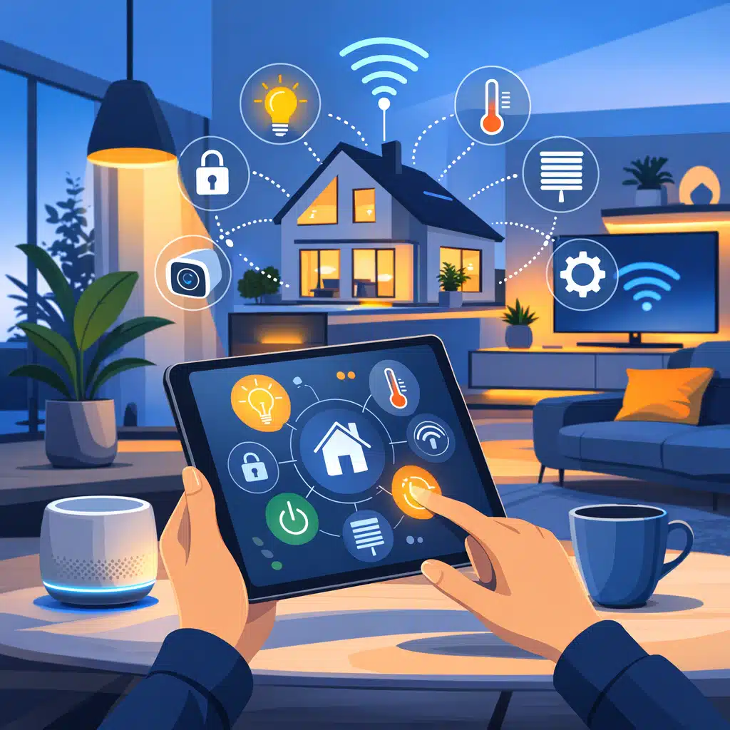 Person steuert Smart-Home-System per Tablet im modernen Wohnzimmer mit vernetztem Licht, Heizung und Sicherheitsfunktionen Smart Home ohne Frust