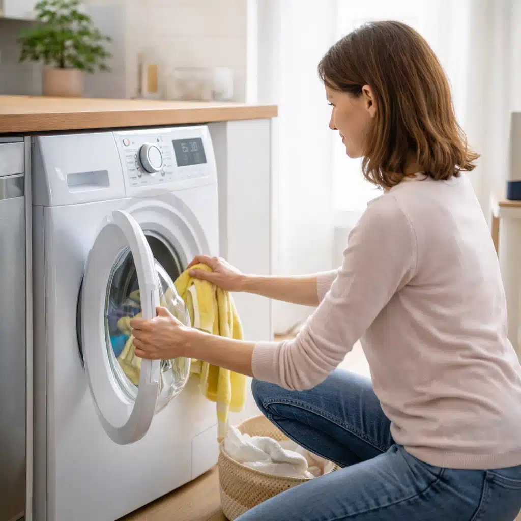 Frau nutzt energieeffiziente Waschmaschine im Haushalt zur Reduzierung von Stromverbrauch und Stromkosten