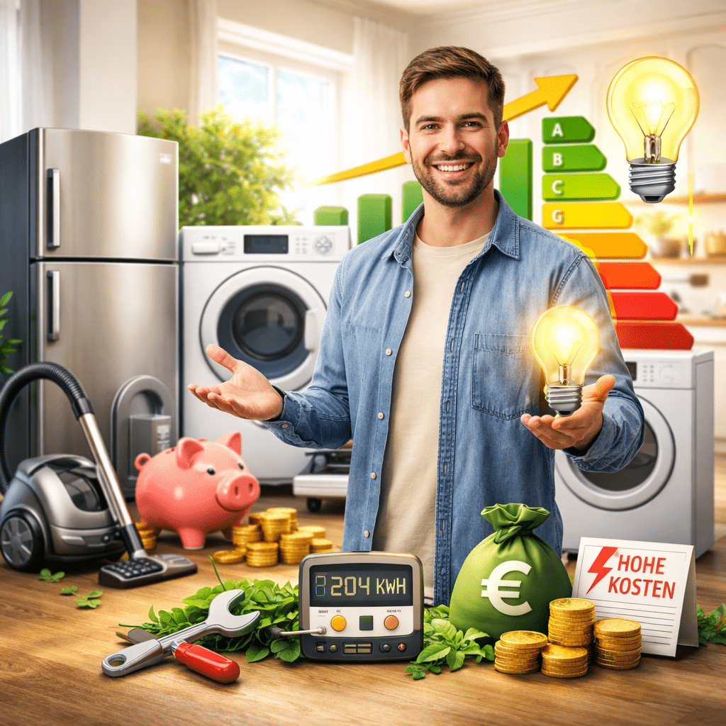 Mann steht in Küche mit Waschmaschine, Kühlschrank und Geschirrspüler und zeigt Energieeffizienz und Stromkosten von Haushaltsgeräten