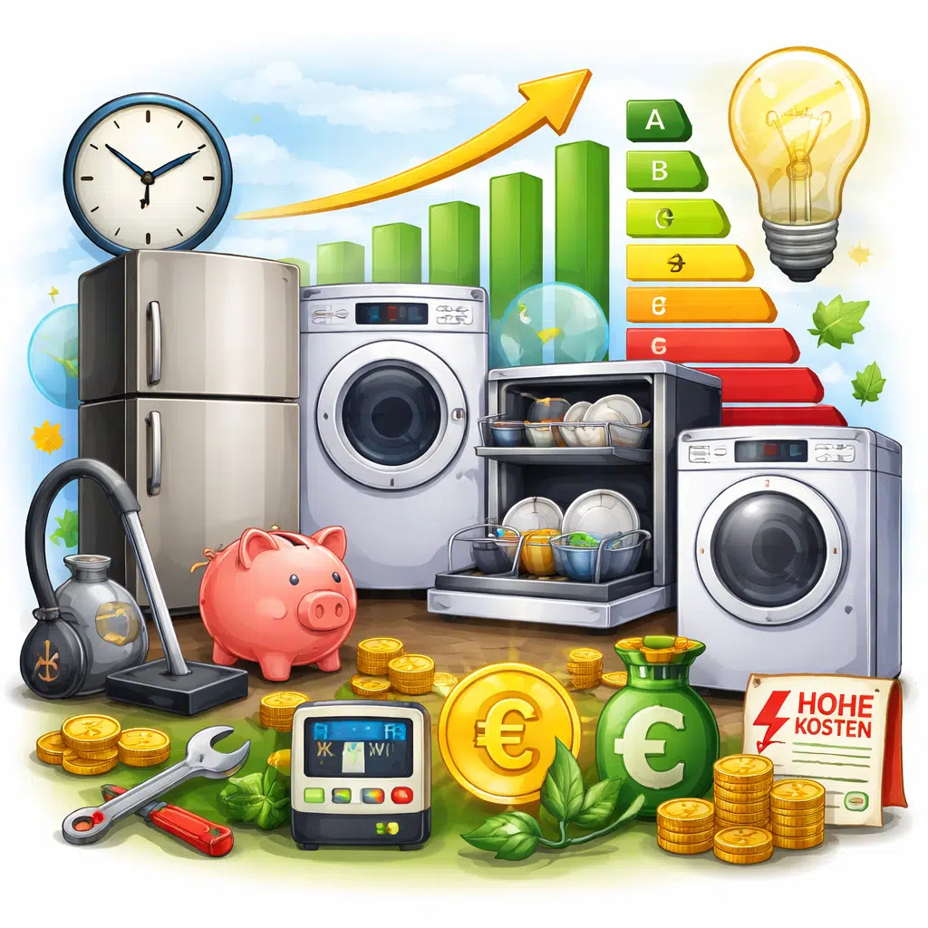 Moderne Haushaltsgeräte wie Kühlschrank, Waschmaschine und Geschirrspüler mit Fokus auf Energieeffizienz, Stromverbrauch und Kostenersparnis im Haushalt
