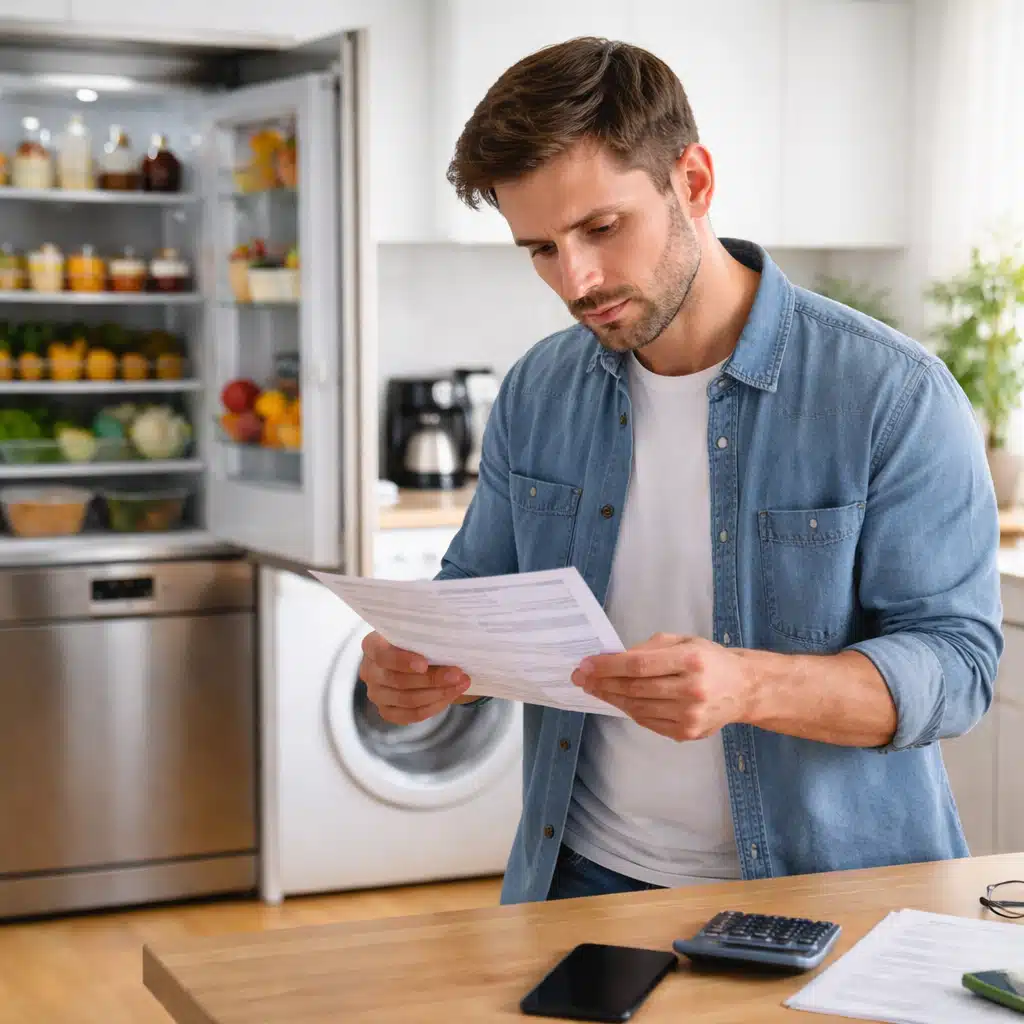 Mann prüft Stromrechnung in Küche mit Haushaltsgeräten wie Kühlschrank und Waschmaschine als typische Stromfresser im Haushalt