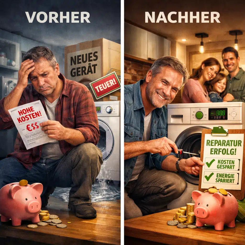 Vorher Nachher Vergleich eines Mannes mit defektem Haushaltsgerät und erfolgreicher Reparatur zur Verlängerung der Lebensdauer und Senkung der Energiekosten