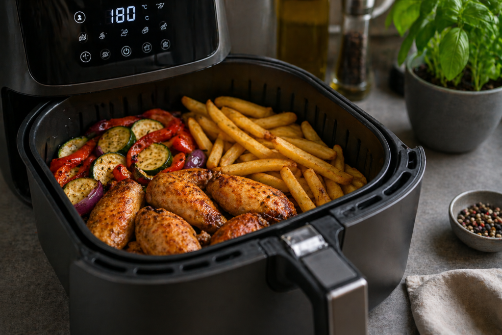 Knusprige Pommes und Hähnchen im Air Fryer Korb frisch zubereitet