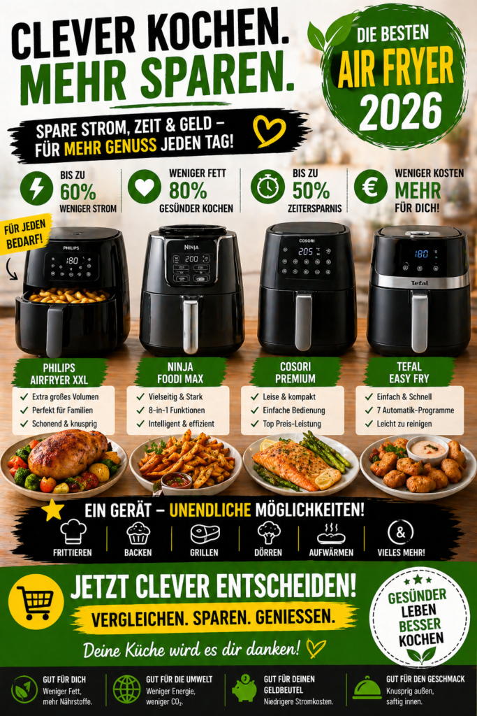Mehrere Heißluftfritteusen Modelle mit fertigen Gerichten und Vorteilen wie Strom sparen und gesund kochen