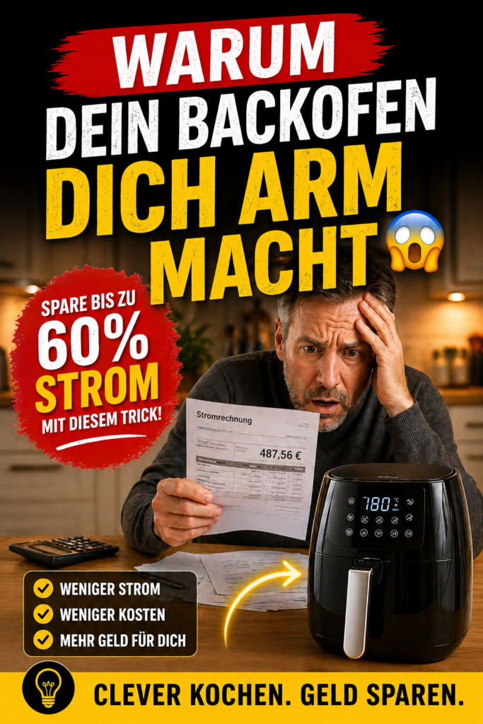 Mann schaut schockiert auf Stromrechnung in der Küche mit Air Fryer im Vordergrund