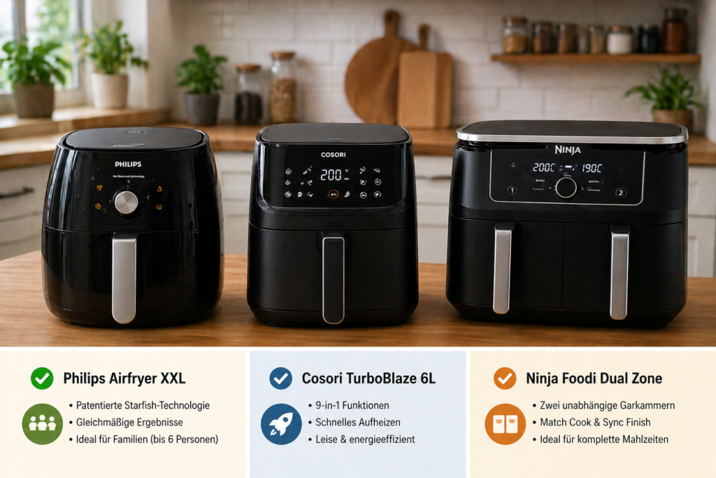 Drei moderne Heißluftfritteusen von Philips, Cosori und Ninja im direkten Vergleich auf einer Küchenarbeitsplatte