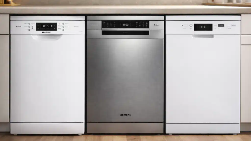 Drei Geschirrspüler im Vergleich Bosch Siemens und Beko in moderner Küche