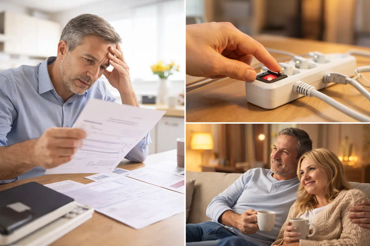 Strom sparen im Alltag Mann prüft Stromrechnung und spart Strom durch Steckdosenleiste und bewussten Umgang im Haushalt
