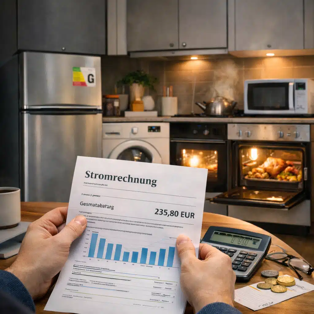 stromrechnung in moderner küche mit haushaltsgeräten stromverbrauch im haushalt