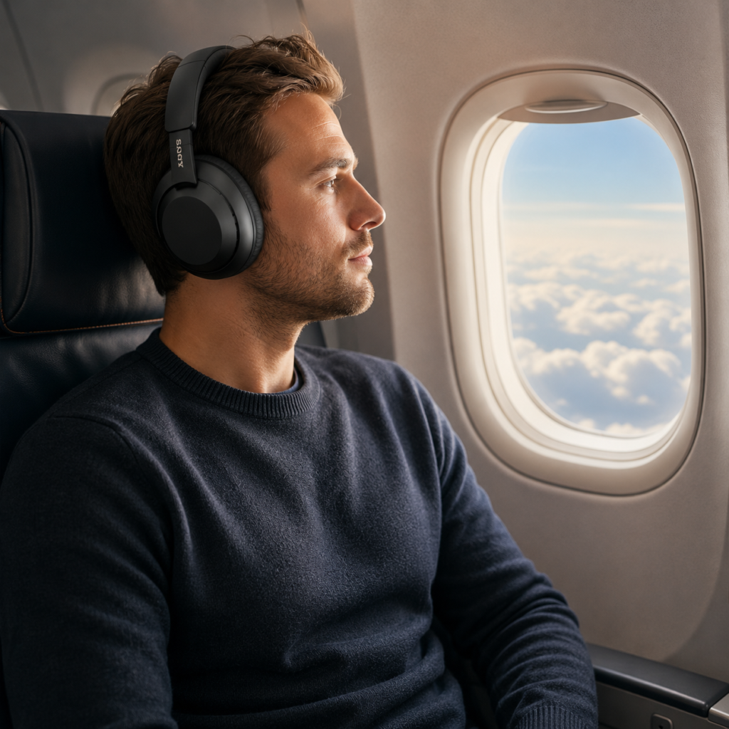 Reisender nutzt hochwertige Noise-Cancelling-Kopfhörer im Flugzeug während eines Langstreckenflugs
