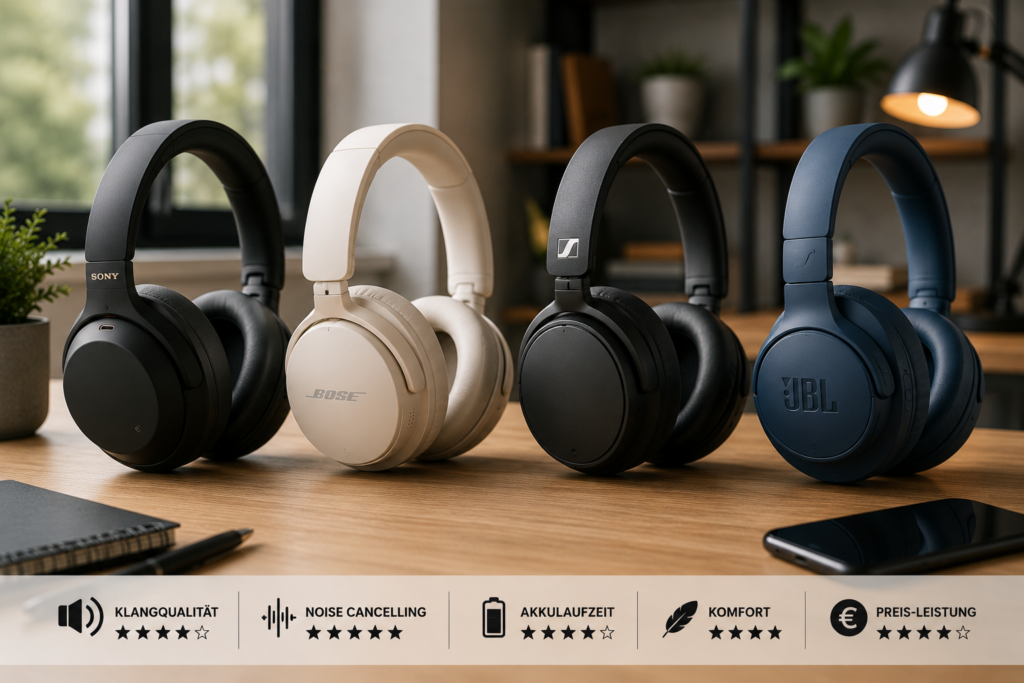 Vergleich der besten Bluetooth-Kopfhörer 2026 von Sony, Bose, Sennheiser und JBL auf einem Tisch