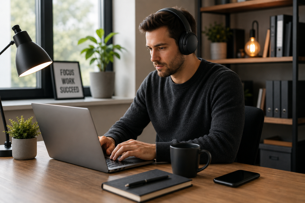 Mann arbeitet konzentriert mit kabellosen Noise-Cancelling-Kopfhörern am Laptop