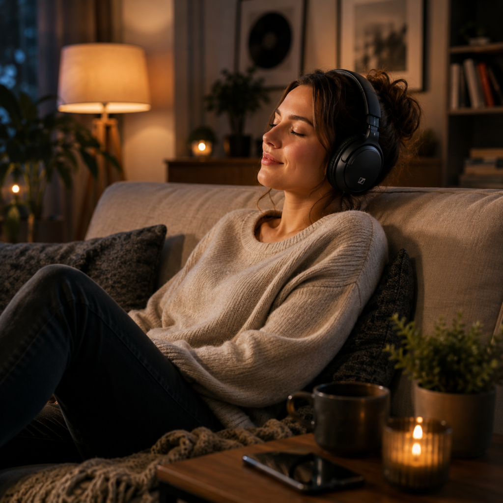 Frau genießt Musik mit hochwertigen Over-Ear-Kopfhörern auf dem Sofa in gemütlicher Wohnatmosphäre
